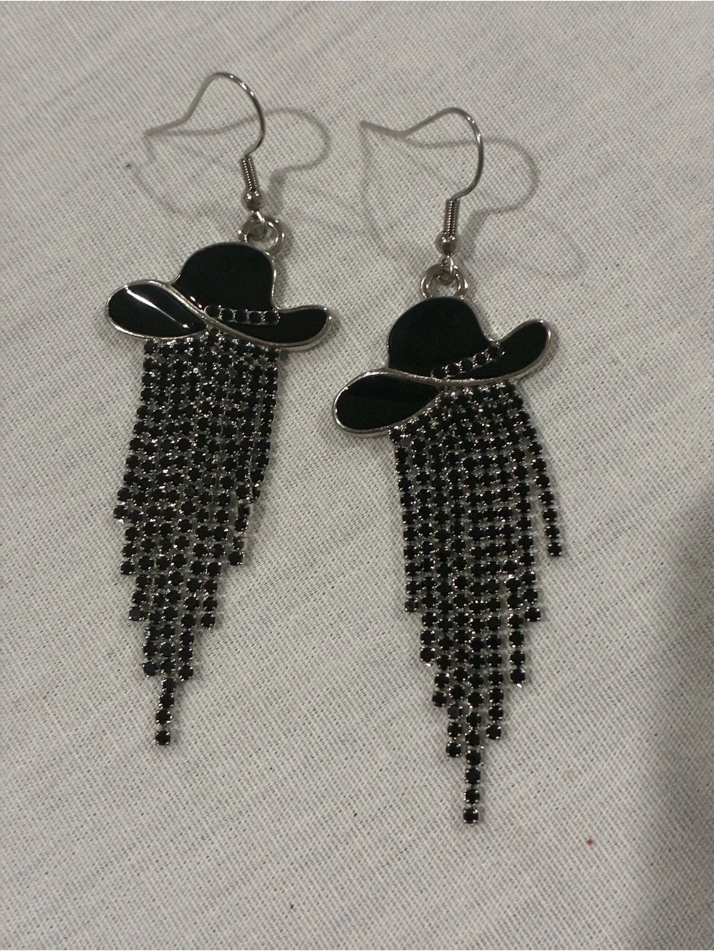 Chic Black Cowboy Hat Fringe Rhinestone Drop Earrings